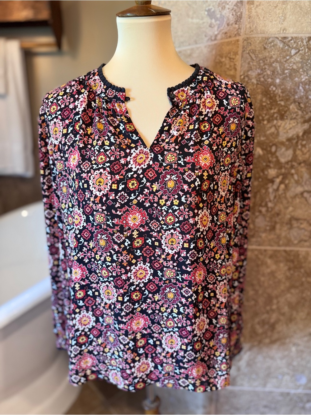 LOFT Black Floral Split-Neck Blouse with Pink & Yellow Accents small